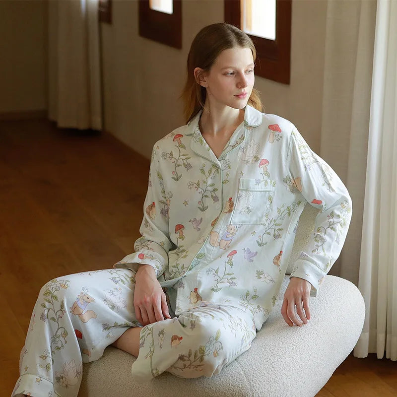 Bamboo Fiber Cotton Double-layer Gauze White Swan Cute Animal Print Long Sleeved Pajamas Set Clothes for Women