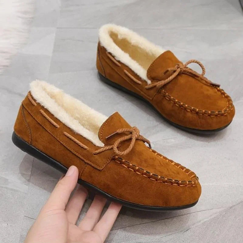 Women's Moccasins Soft Loafers Comfort Warm Plush Bow Slip on Cotton Shoes