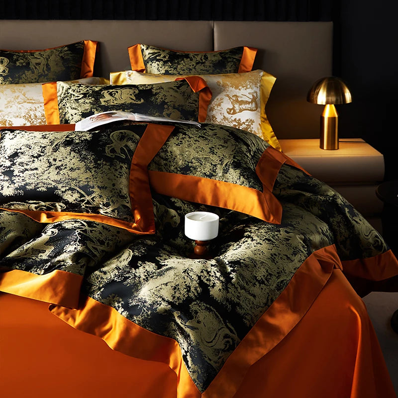 4/6Pcs Luxury Beige Gold Brocade Jacquard Egyptian Cotton Bedding Set Duvet Cover Flat/Fitted Bed Sheet Pillowcases