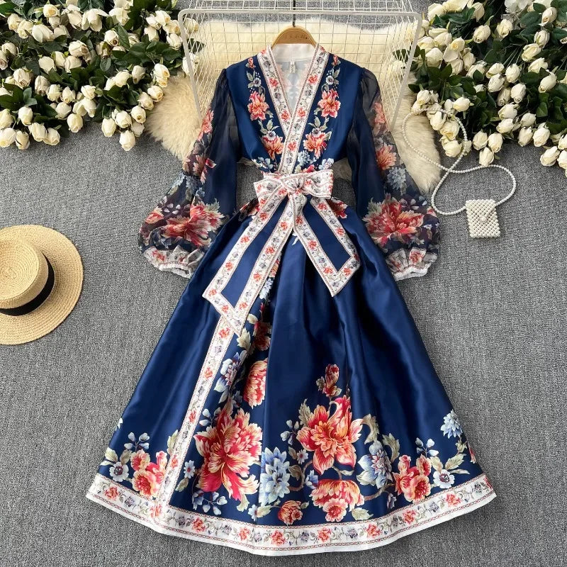 Elegant Women Floral Maxi Slim Waist Dress