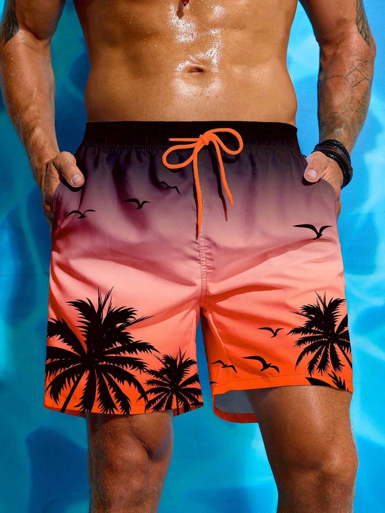 Men's Palm Tree 3D Printed Drawstring Swimming Breathable Shorts