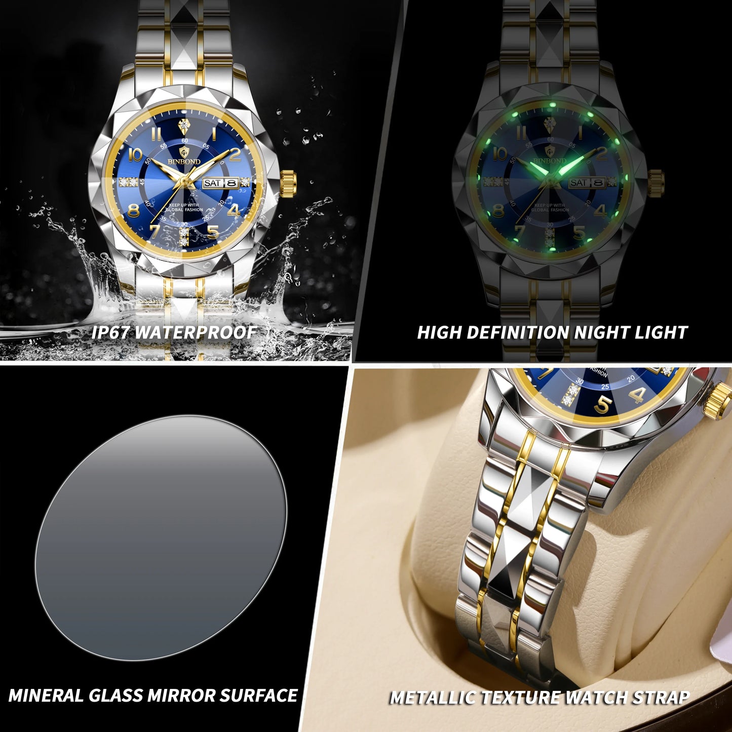 BINBOND Women Quartz Luxury Watch Waterproof with Week/ Date/ Clock