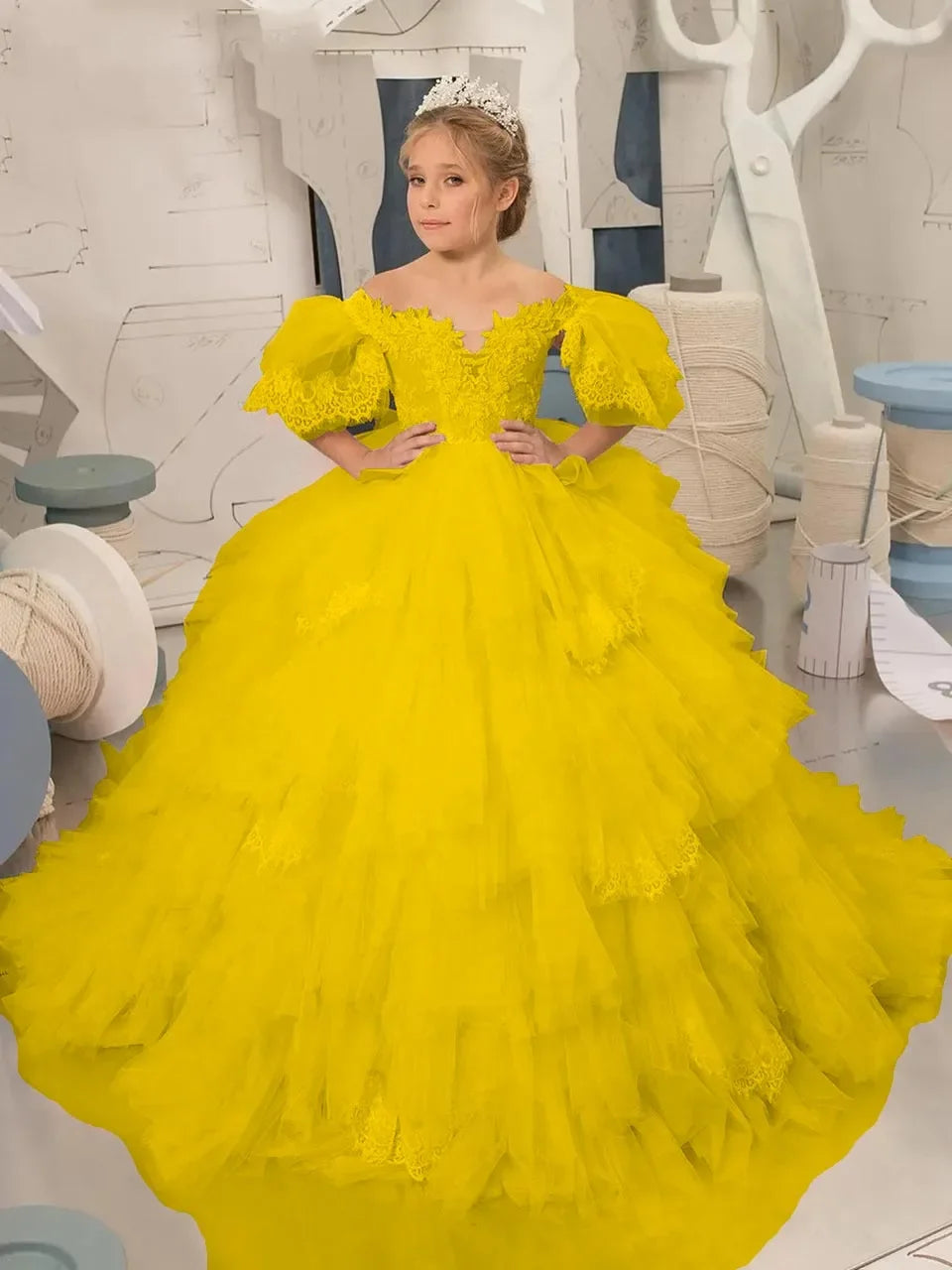 Elegant Puffy Sleeves Flower Girl Dresses for Wedding Robe A-Line First Communion Pageant Party Gowns