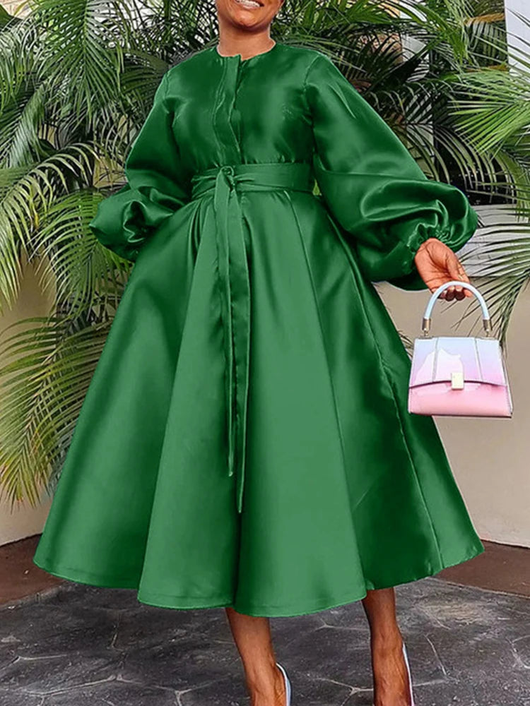 Satin Puff Sleeve Evening Dress for Women Pleated A-Line Round Neck Elegant Party Midi Dress with Belt