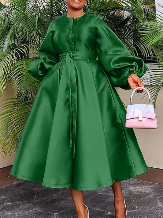 Satin Puff Sleeve Evening Dress for Women Pleated A-Line Round Neck Elegant Party Midi Dress with Belt