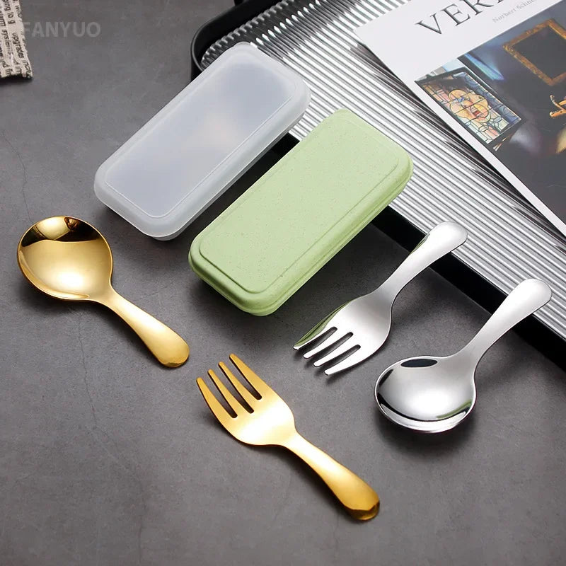 Mini Portable Stainless Steel Spoon Fork Set Storage Dessert Fruit Tool for Work School Short Handle Tableware Suitable for Kids