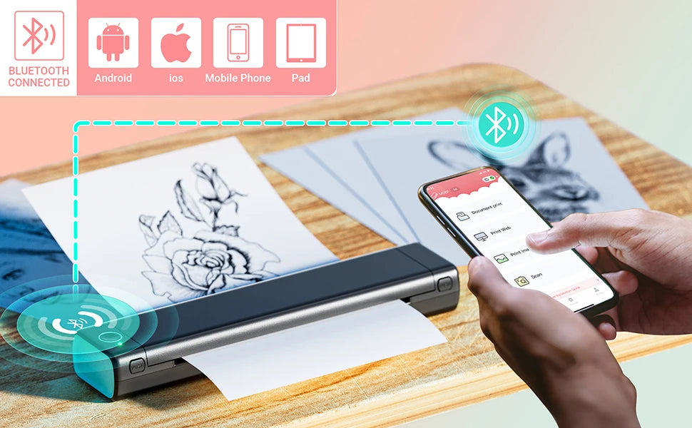 M08F Portable Phone Travel Home Wireless Thermal Printer Bluetooth Use A4 Mobile Printer for Laptops Inkless