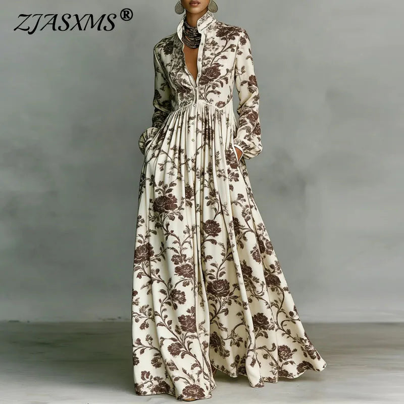 Retro Pattern Print High Waist Pleated Women Boho Dress Spring Shirt Collar Button Pockets Maxi Dress Long Sleeve