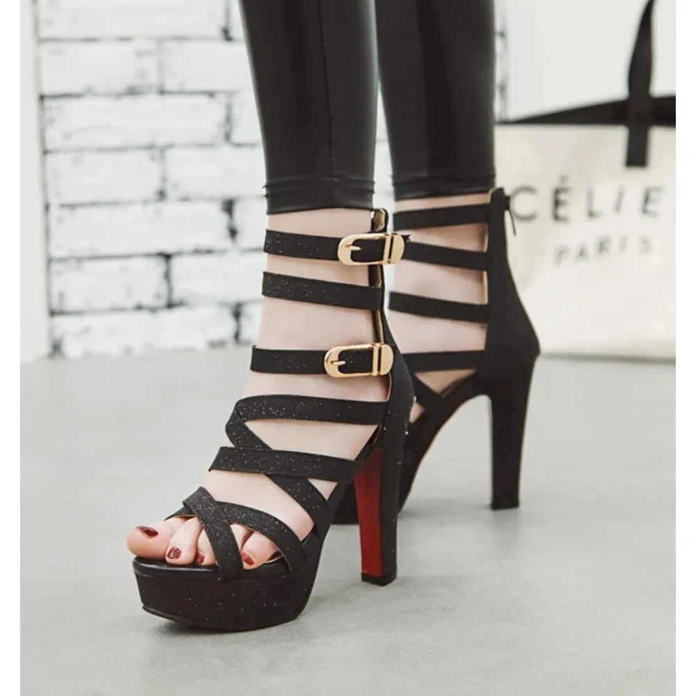 Plus Size 48 Women Sandals Pumps Fashion Peep Toe 12cm High Heels Sexy Back Zip Platform Sandals C-5