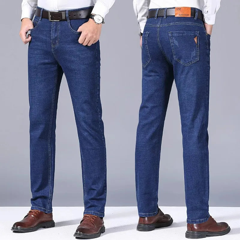 Men's Fashion Business Jeans Classic Style Casual Stretch Slim Denim Trousers