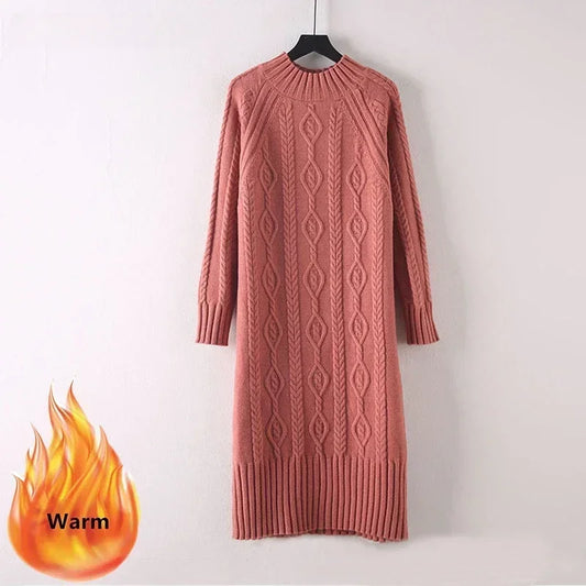Women Winter Thicken Plus Velvet Sweater Dress Mock Neck Rib Knit Midi With Coats