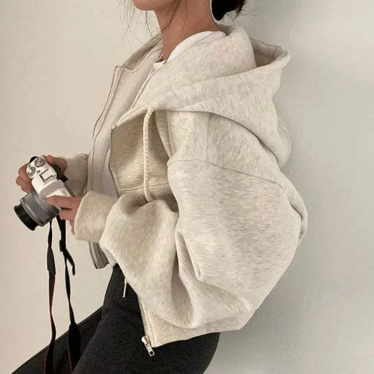 Women Casual Hood Sweatshirt Zip Up Long Sleeve Oversized Loose Jackets