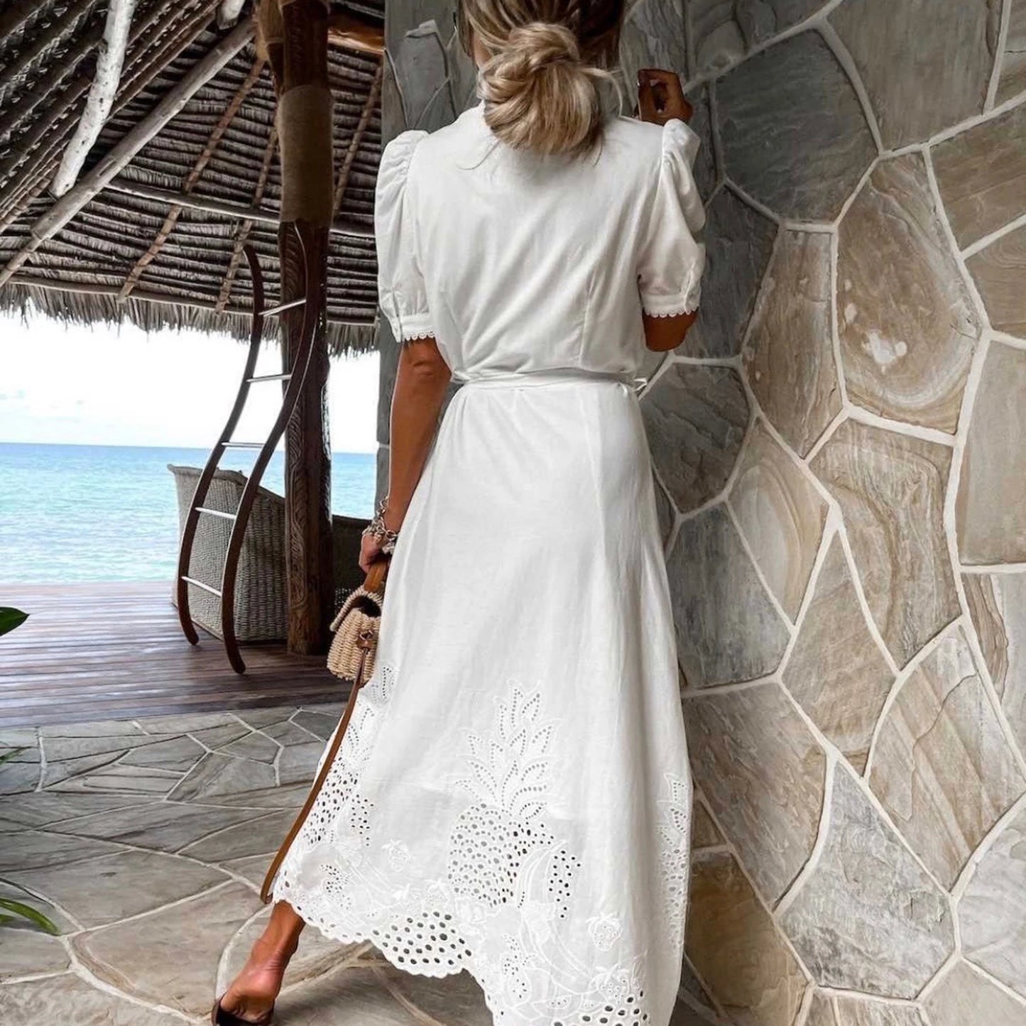 Elegant Embroidered Women Maxi Dress Chic Lapel Long Sleeve High Waist Lace Up Dresses