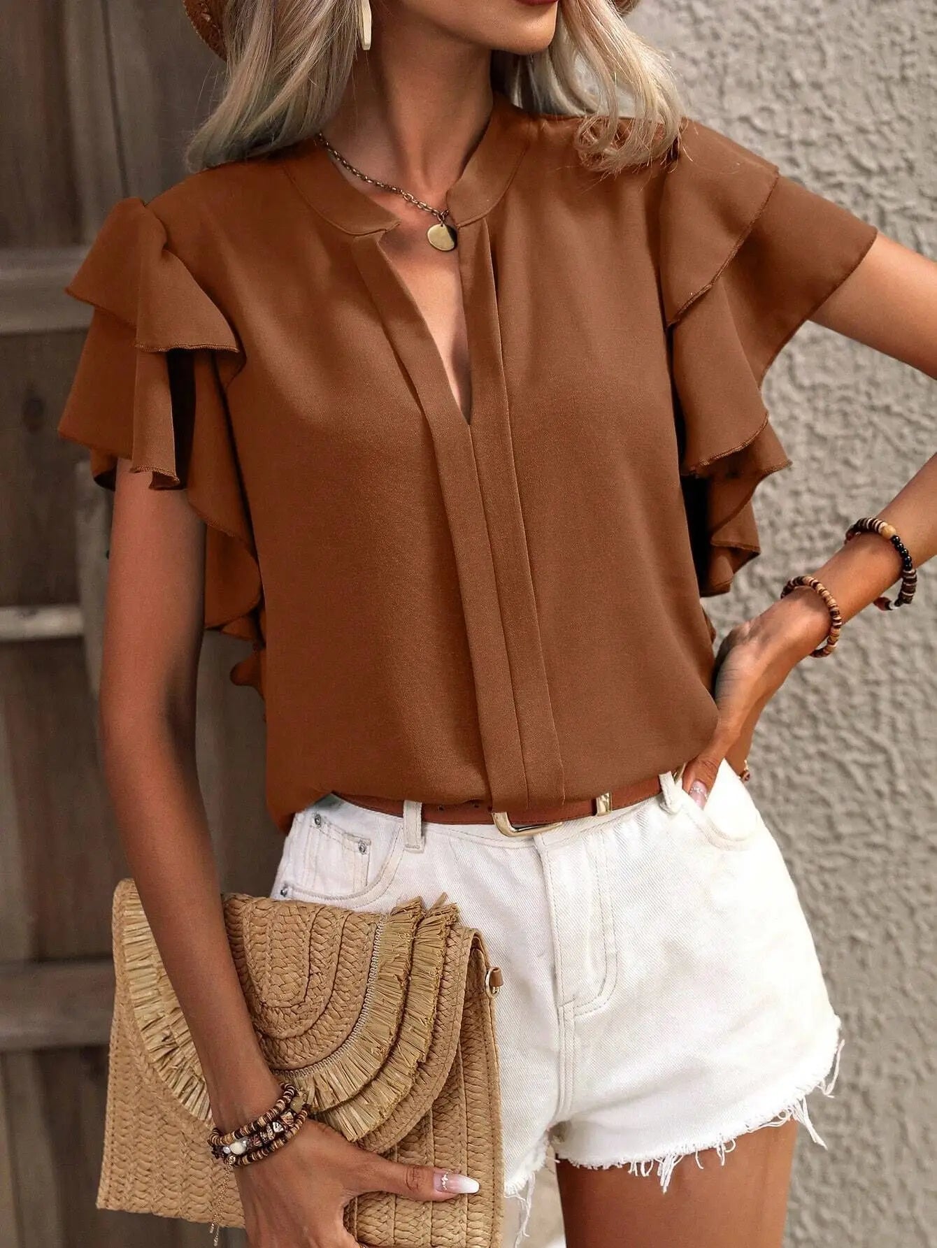 Elegant Women Summer Blouse V-neck Casual Double Layered Ruffle Sleeves