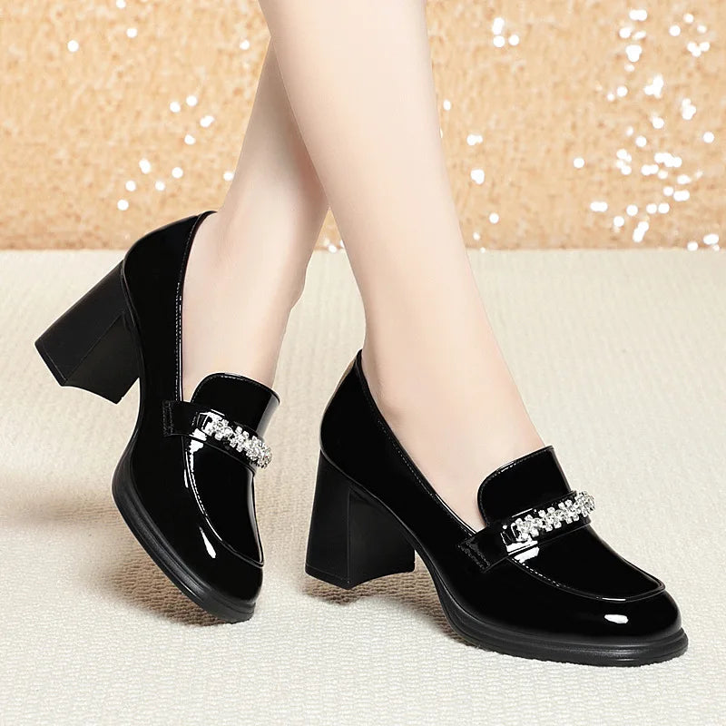 Leather High Thick Heel Pointed Toe Woman Pump Shoes