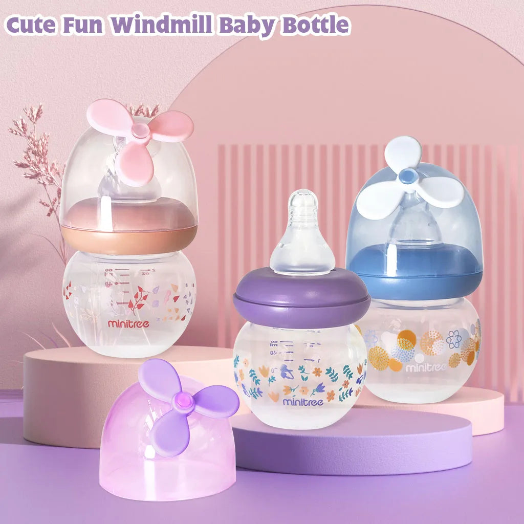 0-6 months newborn baby mini bottle, 60ml creative small windmill, fall-proof and anti-colic PP bottle, BPA-free