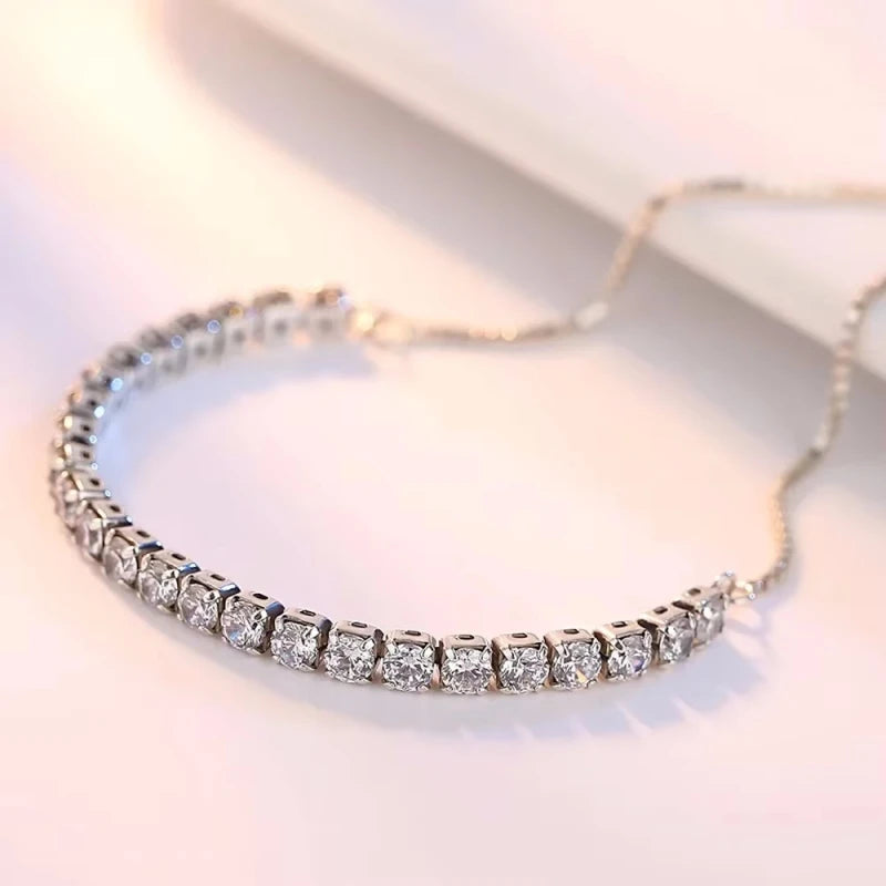 Fine 925 Sterling Silver Bracelet Elegant Zircon Tennis Crystal Chain for Women Engagement Wedding Glamour