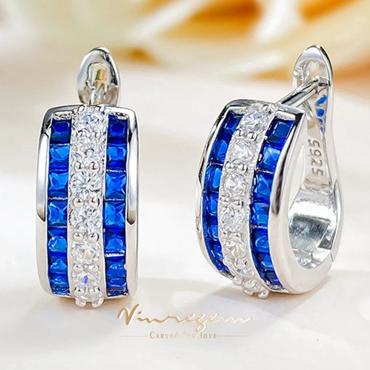 Sapphire Ruby High Carbon Diamond Gems Hoop Earrings for Women 100% 925 Sterling Silver Fine Jewelry