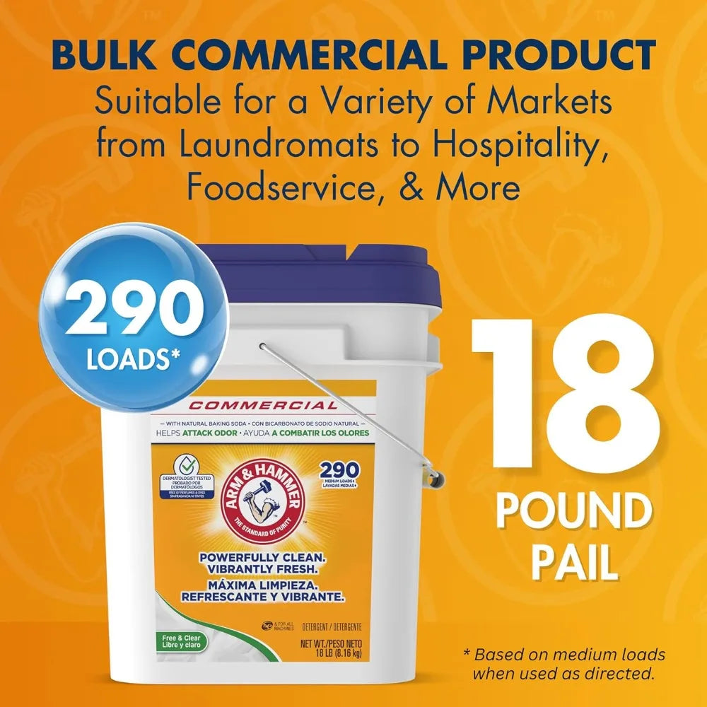 Professional Powder Laundry Detergent, 290 Loads Bulk 18lb Pail, Free & Clear for All Machines