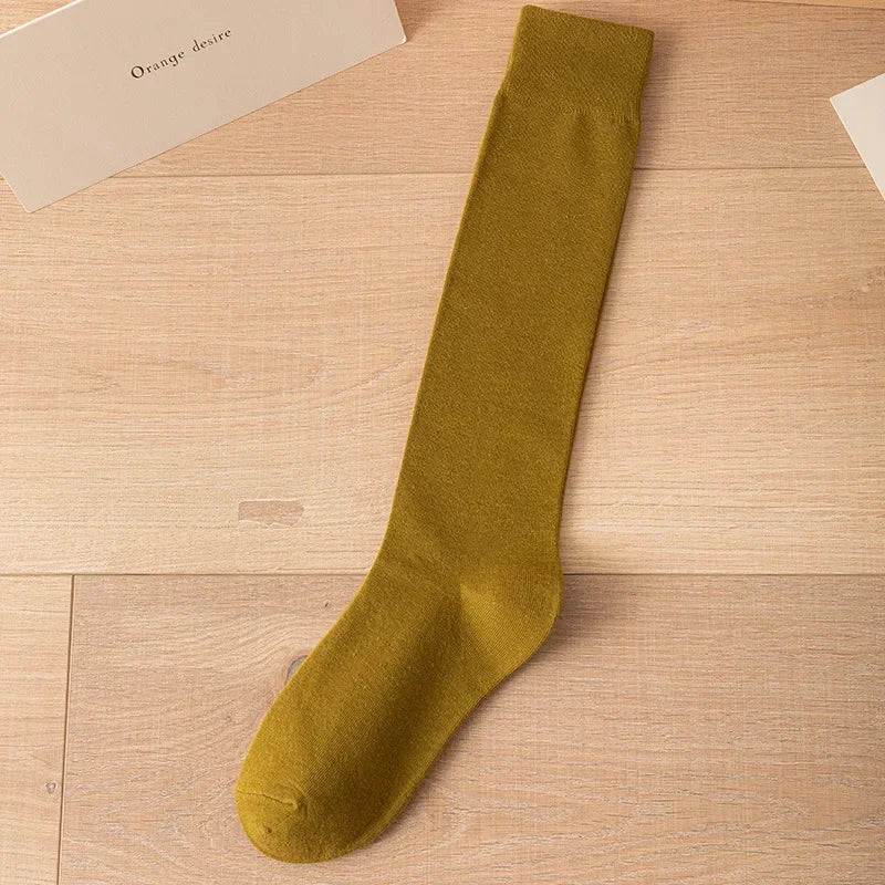 Women's Soft Cotton Knee High Long Socks Black White Solid Calf