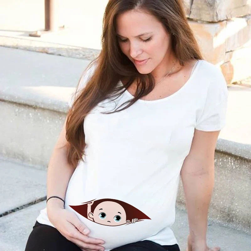 Baby Peeking Maternity T-shirt Funny Zip Print Trendy Mom Plus Size Summer Fashion Pregnant Woman Pregnancy Tees