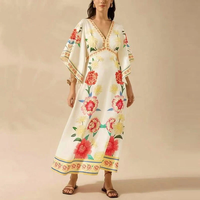 Summer Tropical Plant V-Neck Bohe Elegant Half Sleeve Loose Party Dress A-line