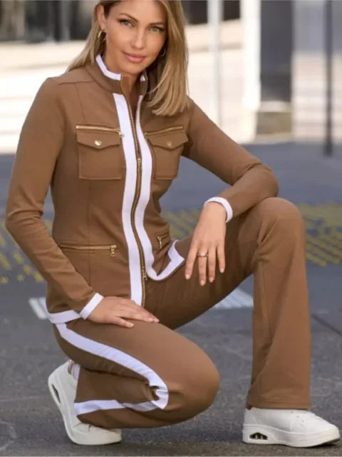 Women Two Piece Sets Zipper Jacket Straight Pants Set