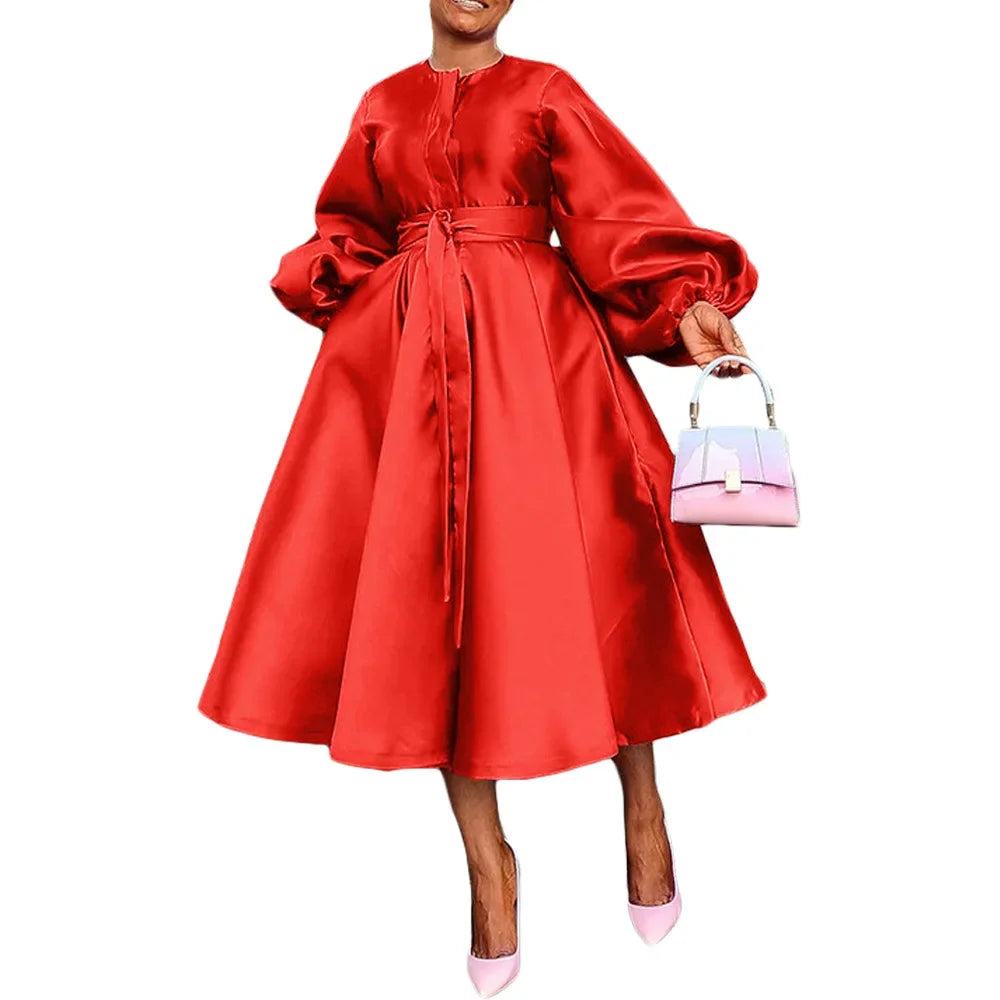 Satin Puff Sleeve Evening Dress for Women Pleated A-Line Round Neck Elegant Party Midi Dress with Belt