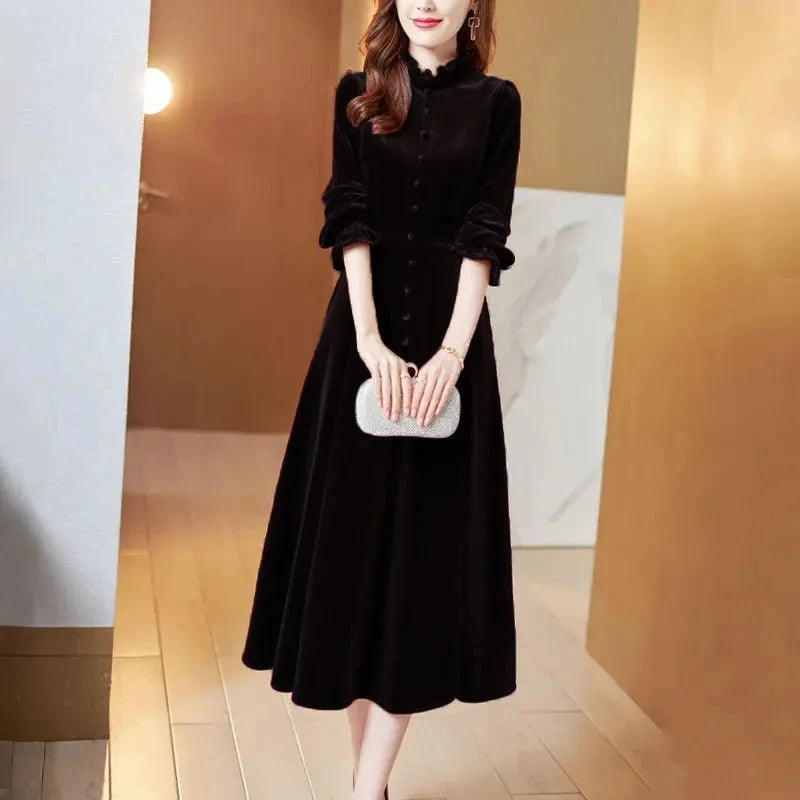 Wine Red Golden Women Velvet Dress Long Sleeved Long Dresses