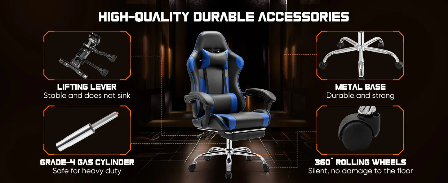 Ergonomic Racing Gaming Chair Adjustable Swivel PU Leather with Headrest and Lumbar Support
