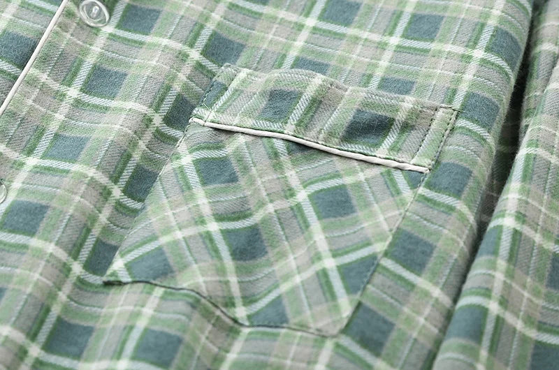 Spring Autumn Winter Long-sleeved Men's Trousers Pajama Set Suits Brushed Cloth Cotton Plaid