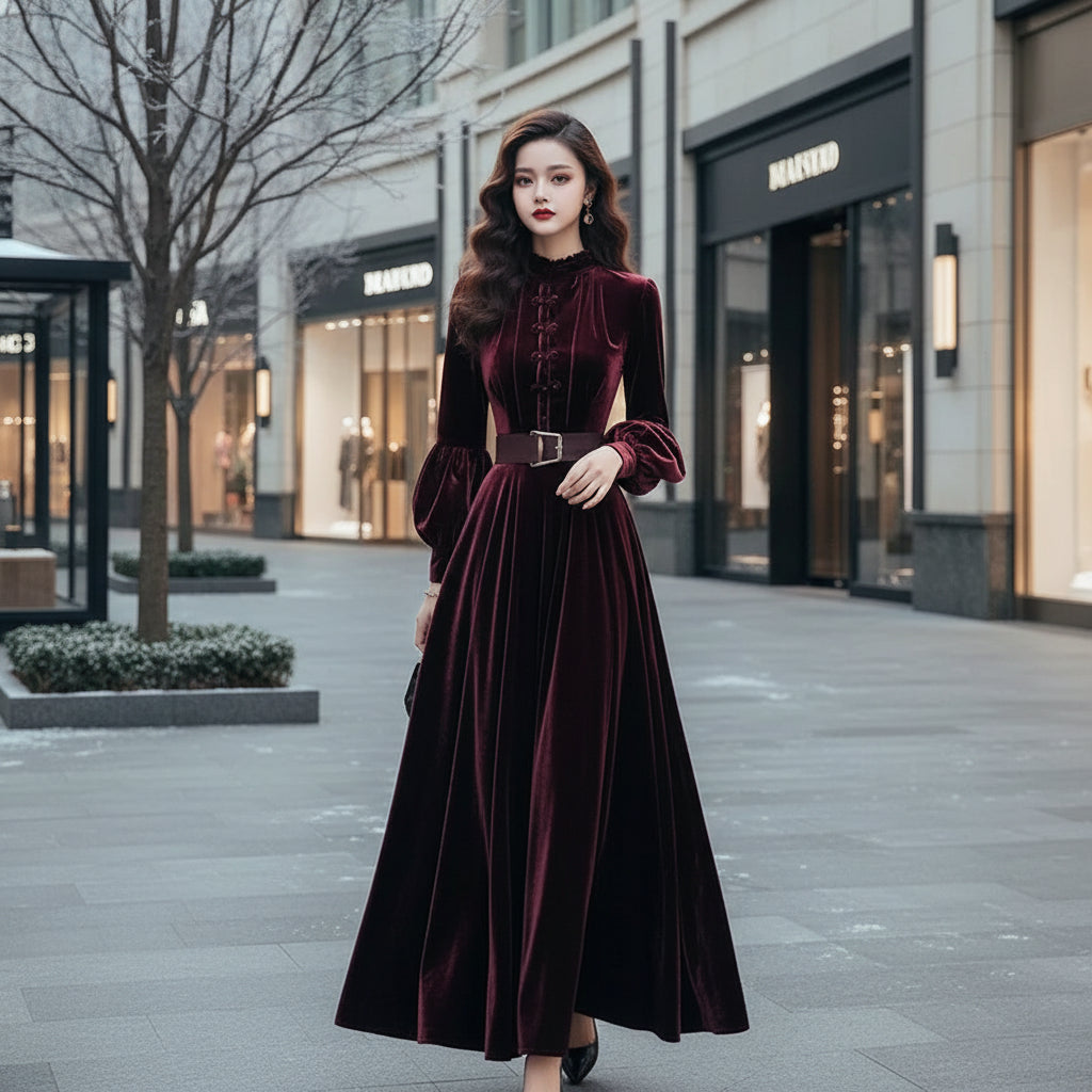 Autumn/Winter Women's Purple Red Velvet Dress Velvet Evening Party Long Dress
