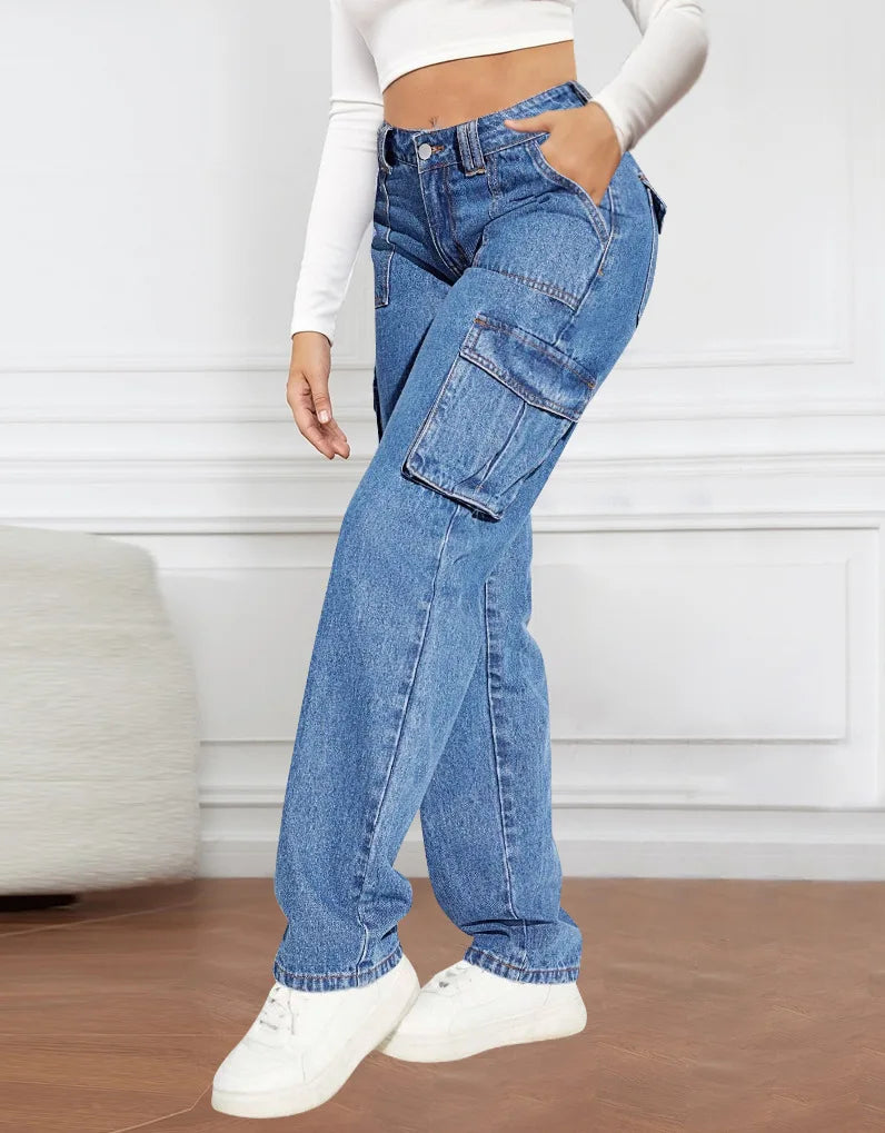 American Retro Mid-waist Multi-pocket Cargo Pants Jeans