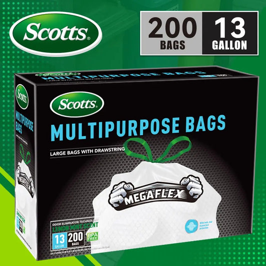 Scotts 200 Pack 13-Gallon Disposable Kitchen Trash Bags Non-Tear Puncture Resistant Deodorization Technology Boxed Drawstring