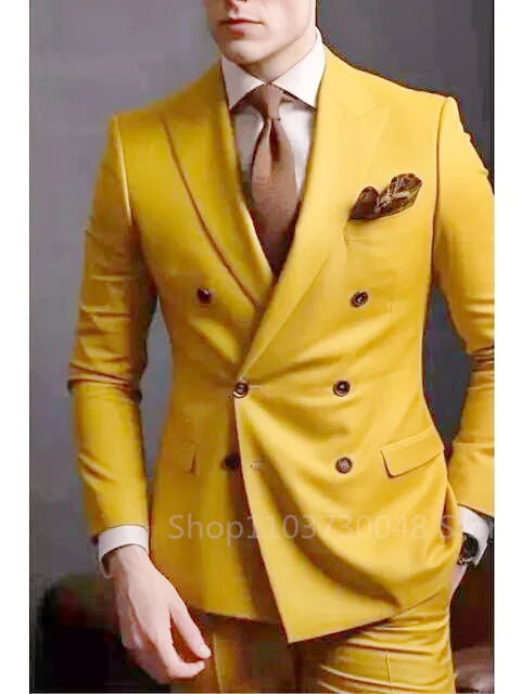 Solid 2 Pieces Men Suits Set Formal Business/Wedding Groom Suits Peak Lapel Double Breasted Blazer Trousers