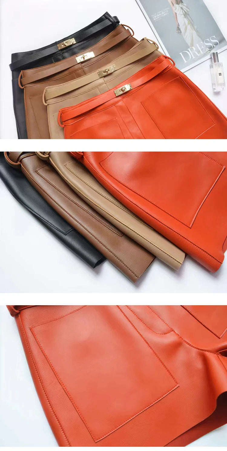Real Sheepskin Leather Women Shorts