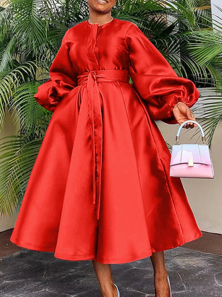 Satin Puff Sleeve Evening Dress for Women Pleated A-Line Round Neck Elegant Party Midi Dress with Belt
