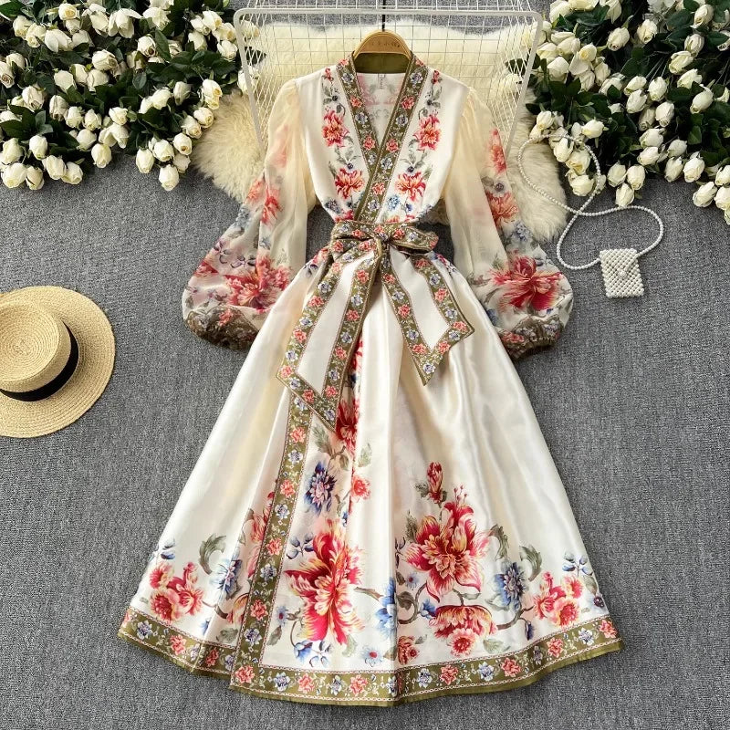 Elegant Women Floral Maxi Slim Waist Dress
