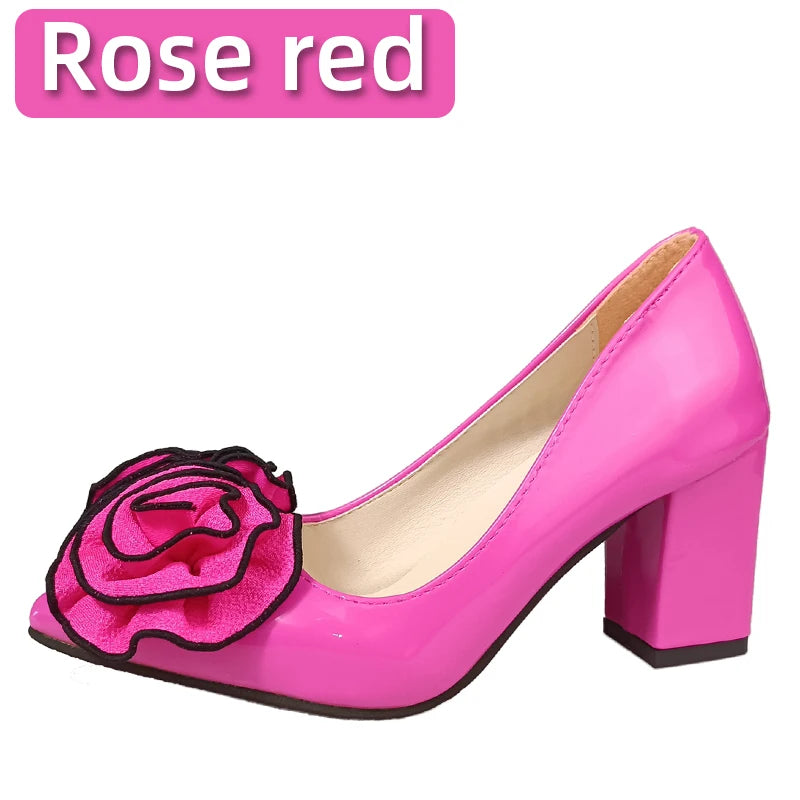 Big Flower Rose 7cm Square Heels Pumps Women Shoes