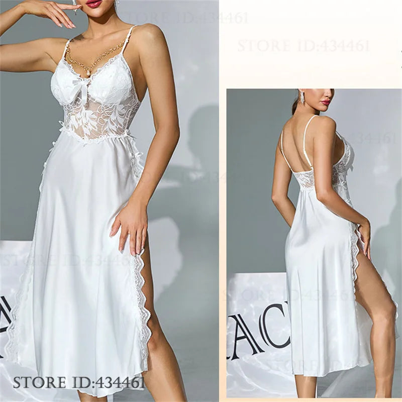 Women Sexy Lingerie Long Nightgown Ice Silk Chemise Sleepwear