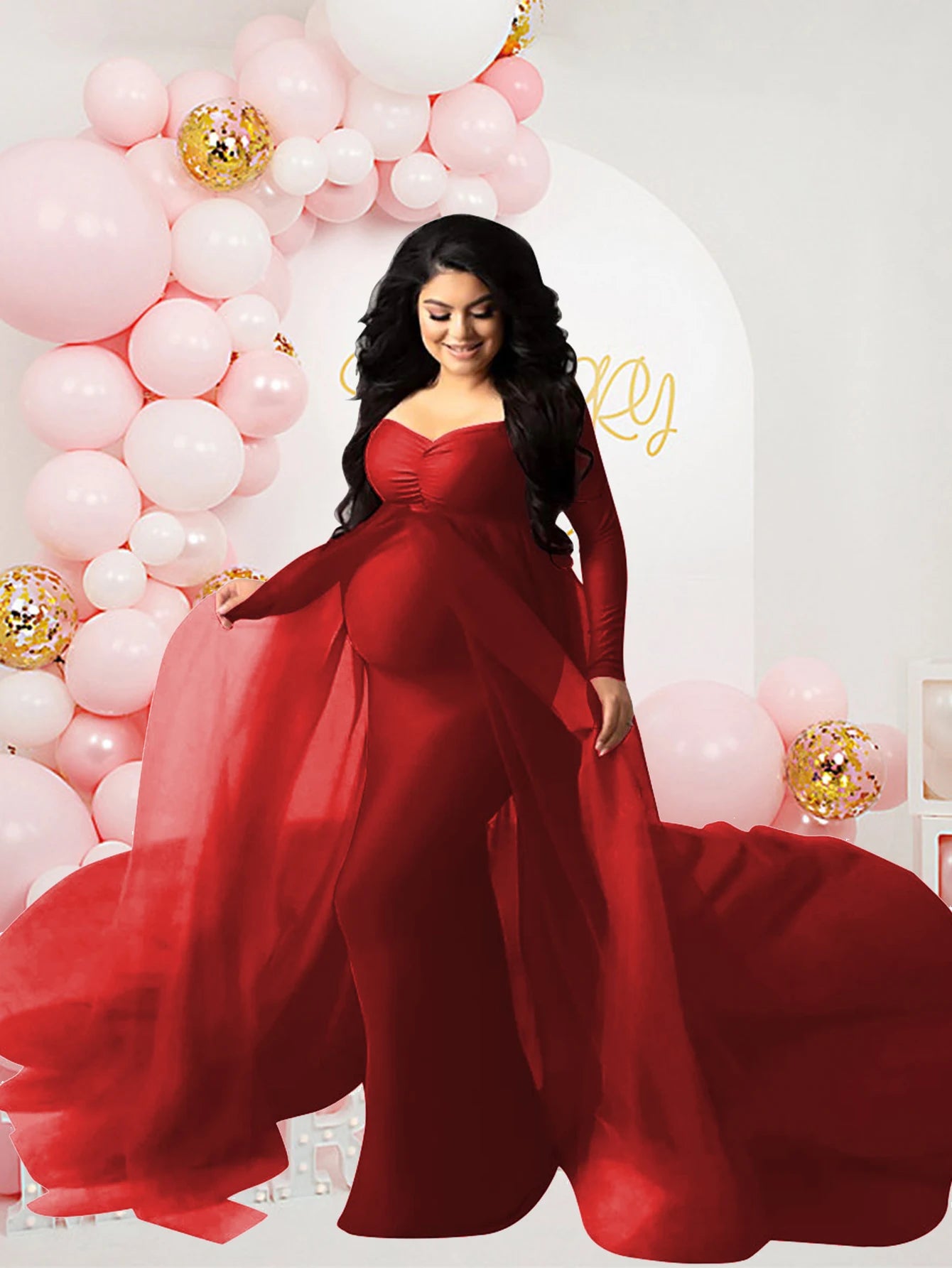 Maternity Long Sleeved Floor Length Mesh Dress
