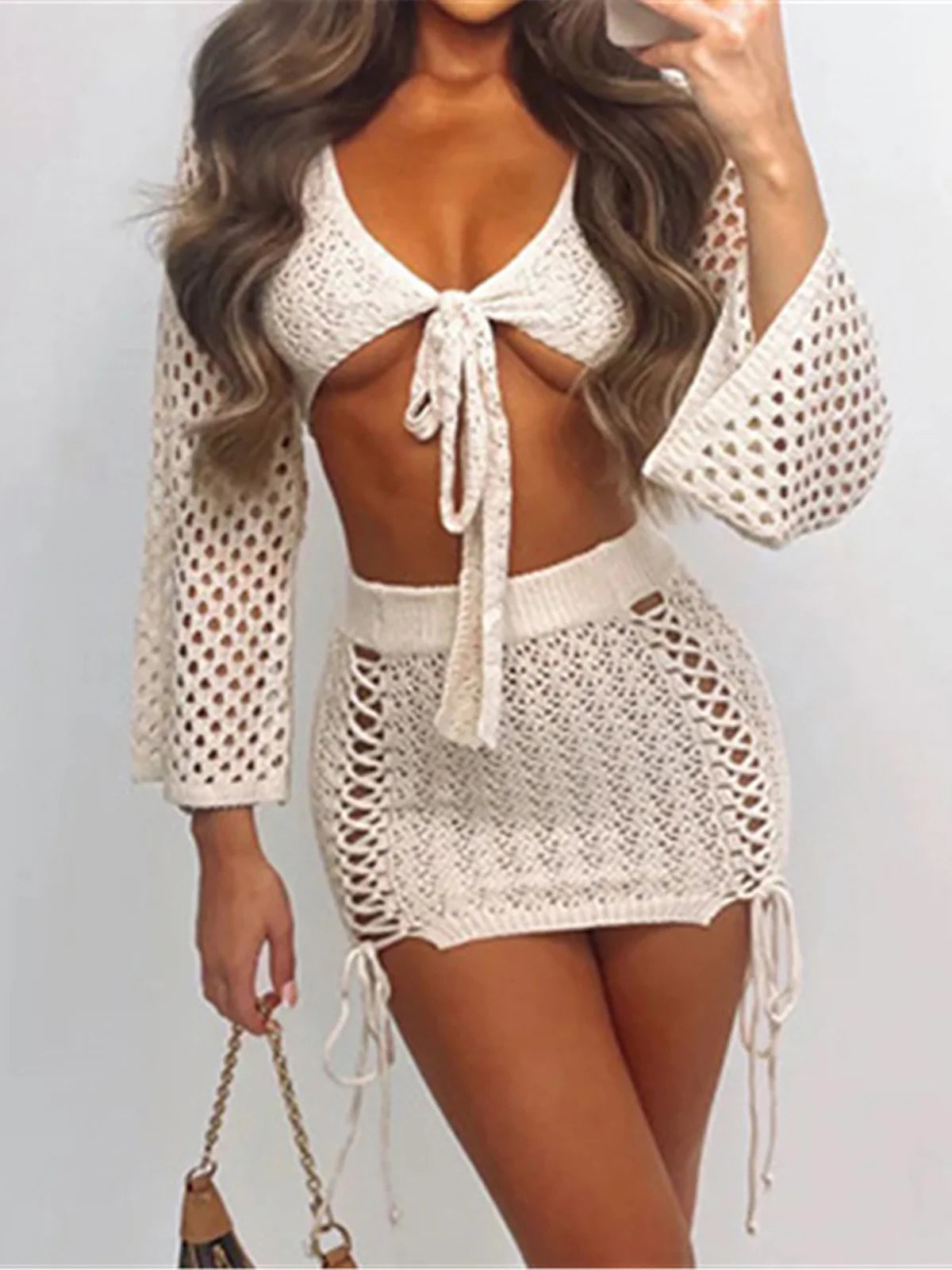 Long Sleeve Crochet Knitted Tunic Beach Cover Up