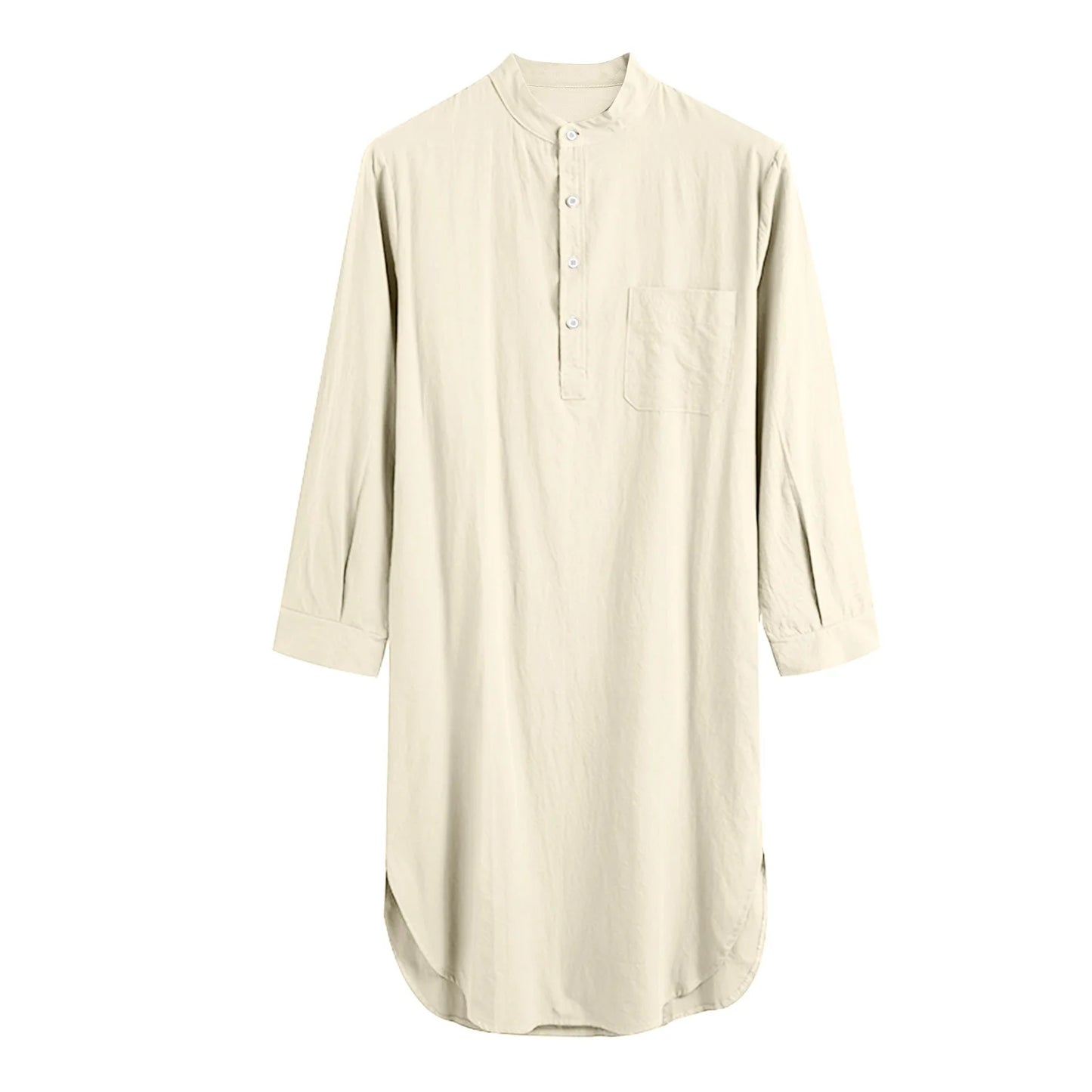 Men's Comfortable Cotton Button-down Sleep Robe Solid Color Stand Neck Long Sleeve Nightgown