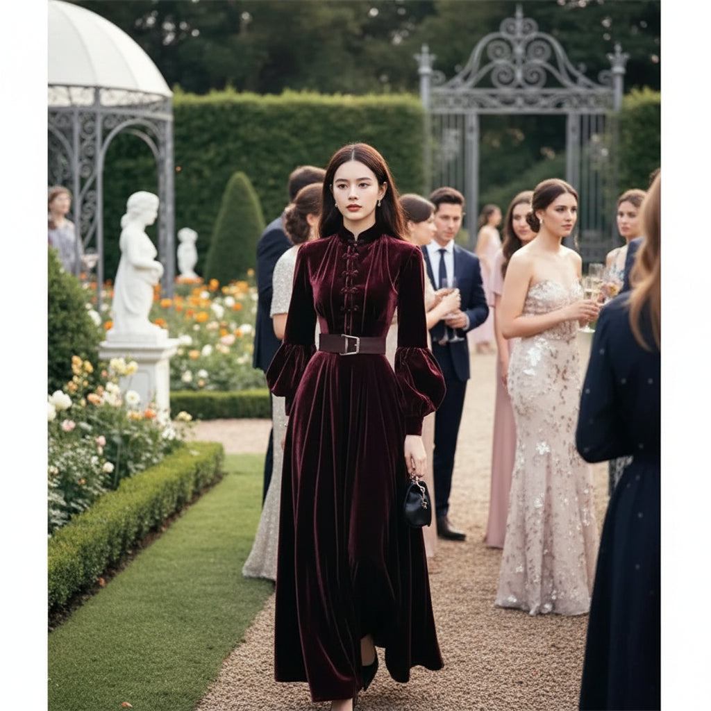 Autumn/Winter Women's Purple Red Velvet Dress Velvet Evening Party Long Dress