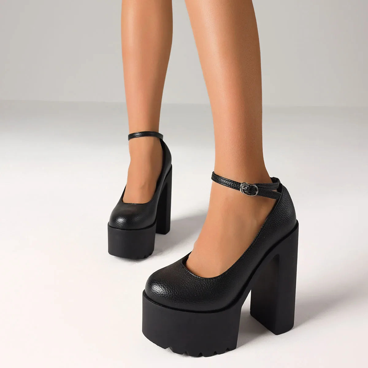 Women Elegant Chunky High Heel Pumps Round Toe Ankle Strap Comfy Platform Shoes