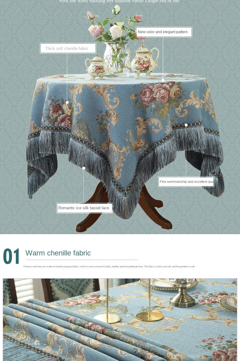 European Style Flower Tassel Tablecloth Thicken Chenille Rectangular Table Cover Round Dining Table Coffee Cloth Dust-proof