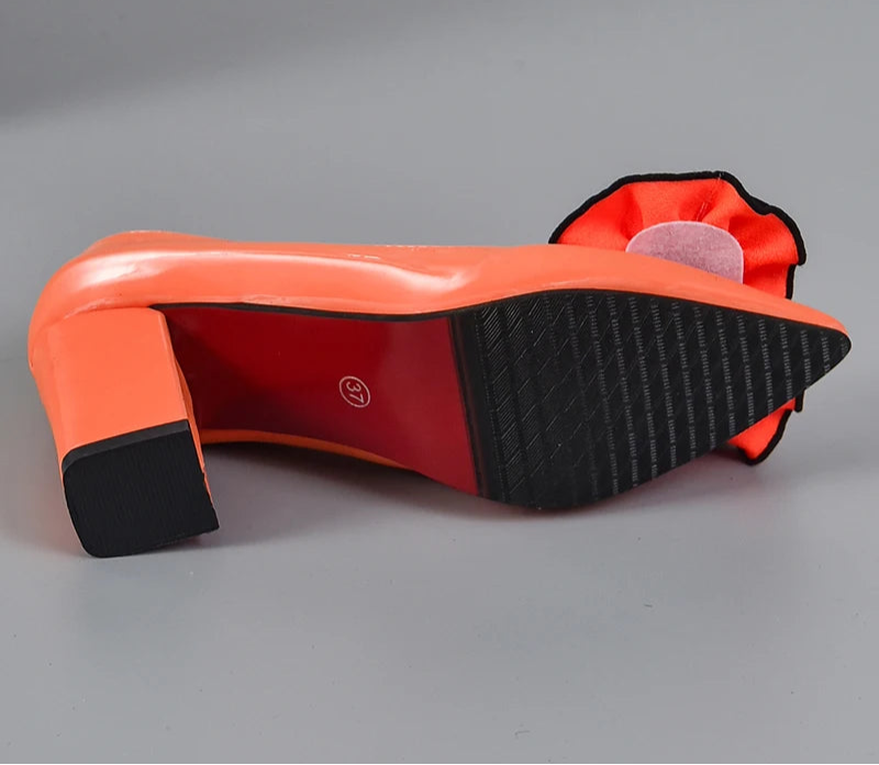 Big Flower Rose 7cm Square Heels Pumps Women Shoes