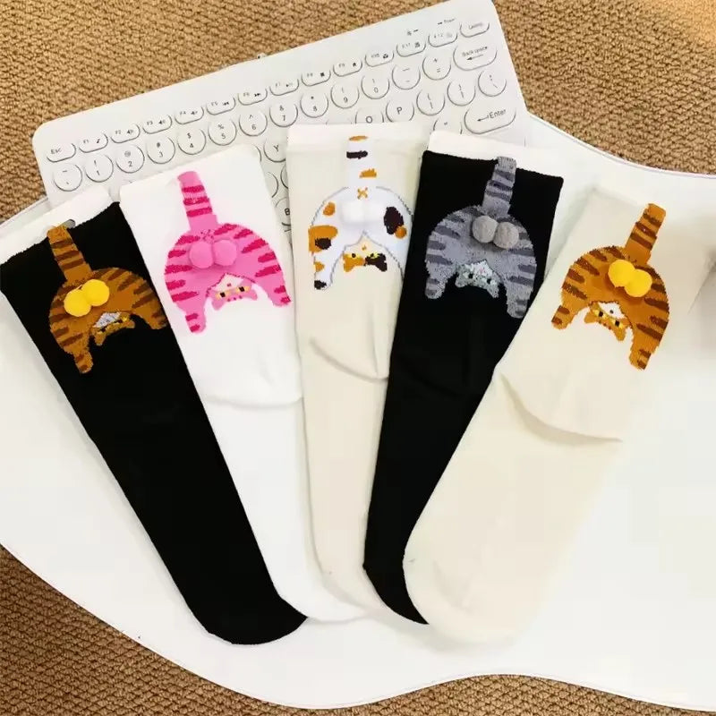 2 Pairs/5 Pairs Autumn Winter New Funny Cat Print Loose Socks Women Girls Comfortable Mid-Calf Socks