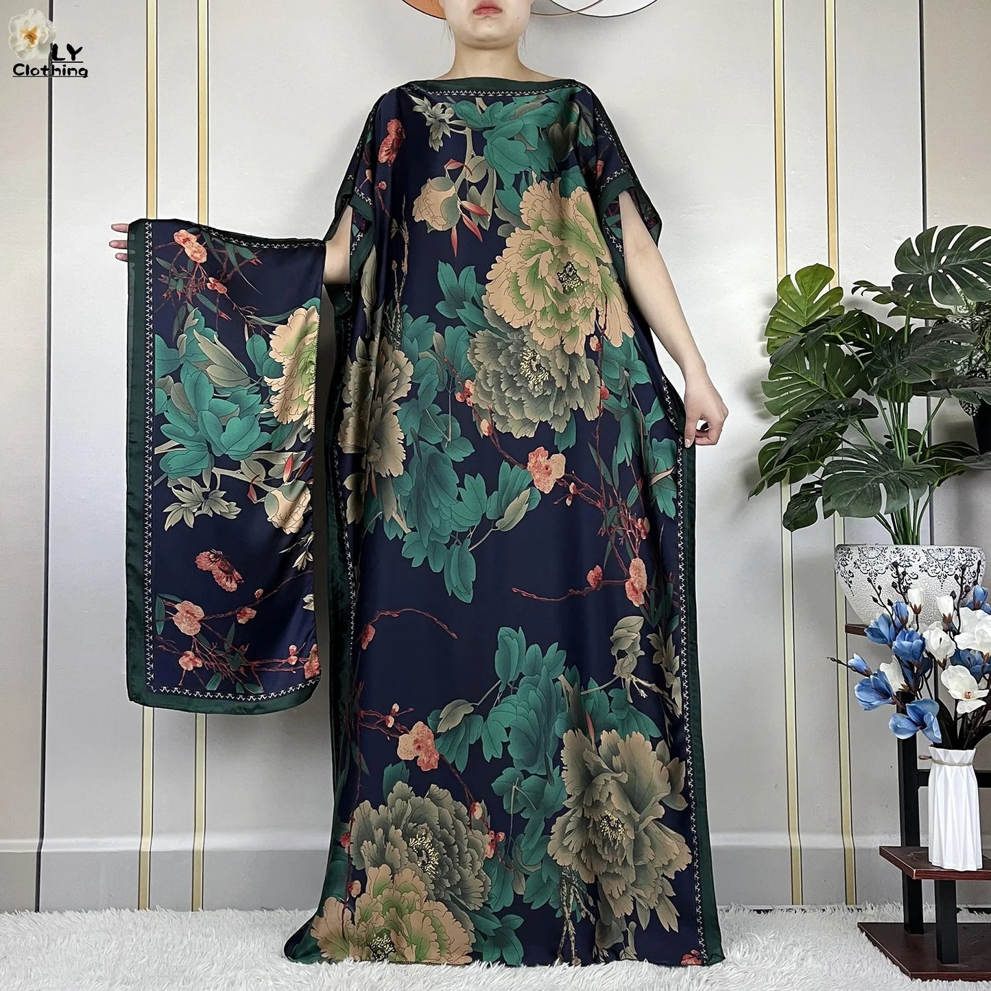 Women Printed Silk Soft Loose Maxi Party Dresses With Belt Turban