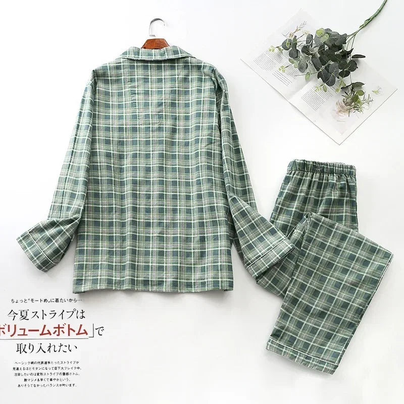 Spring Autumn Winter Long-sleeved Men's Trousers Pajama Set Suits Brushed Cloth Cotton Plaid